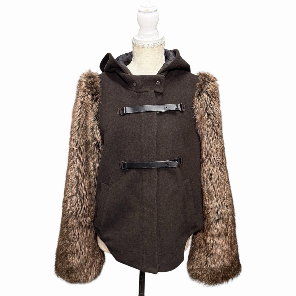 Anthropologie Leifsdottir Hooded Brown Coat Faux Fur Sleeves Jacket Size‎ 10